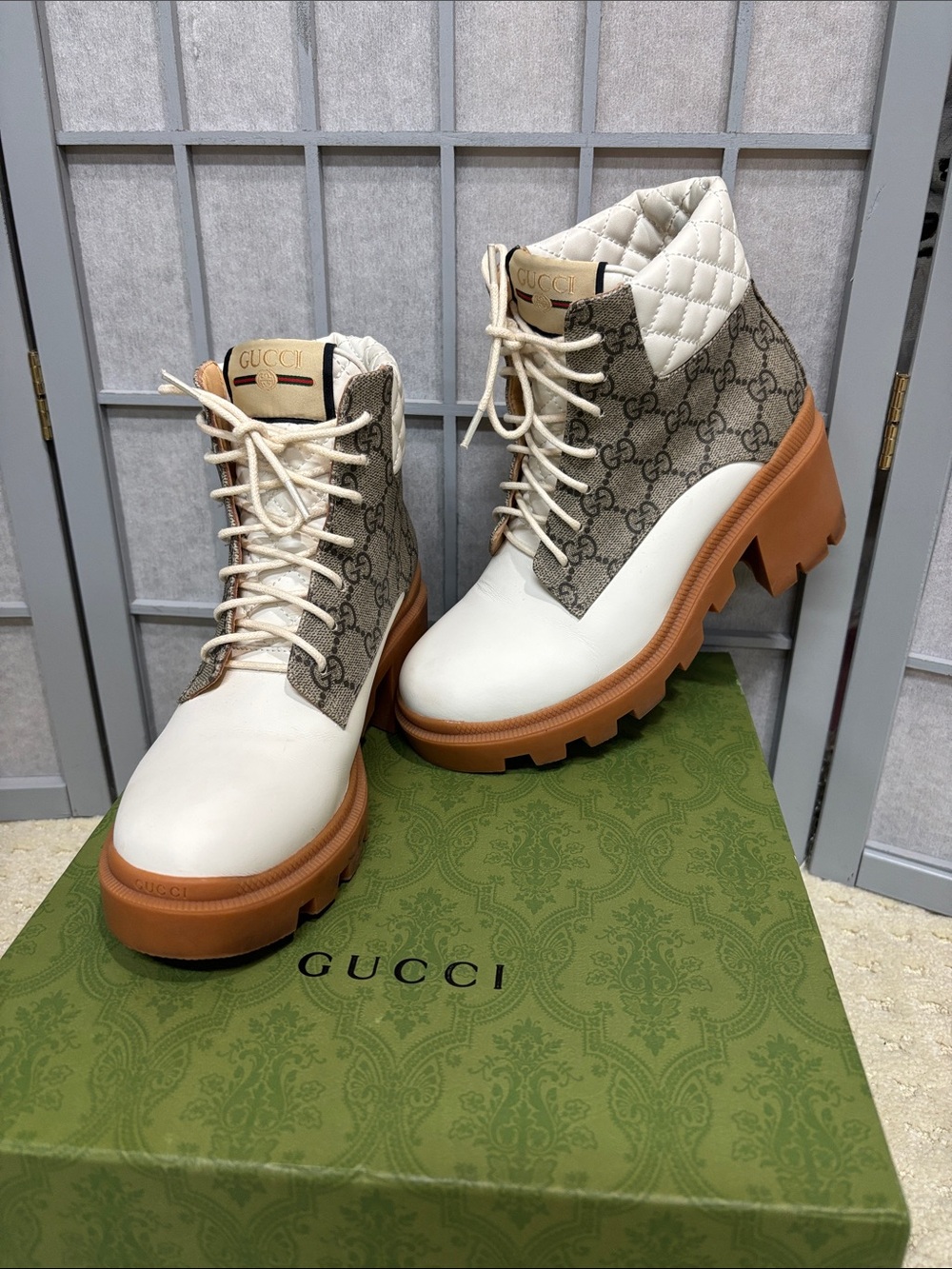 Gucci GG Supreme Apollo White Leather & Beige Canvas Lug-Sole Lace-Up Boots